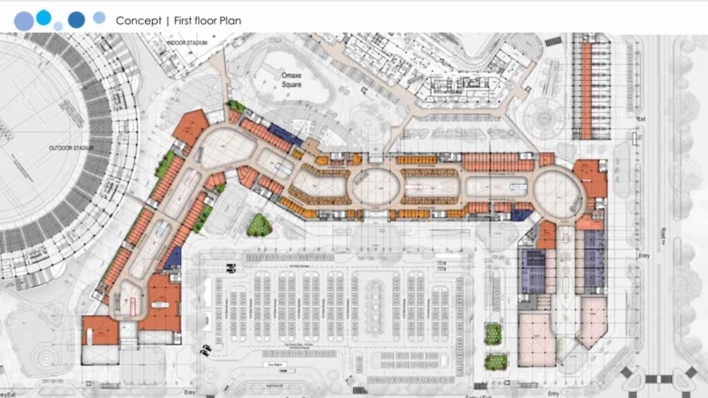 Floor plan of the first-floor food court at the Omaxe Dwarka Project, showing the layout of various food stalls, seating areas, and common spaces.